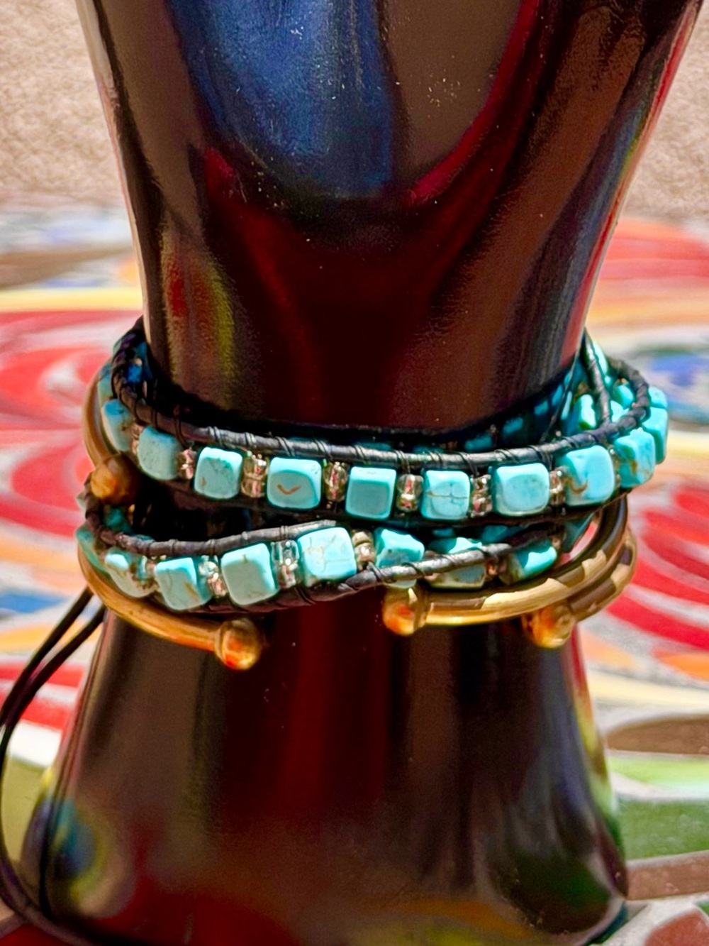 Turquoise Bead Wrap Bracelet - Stylish Layered Jewelry, mandala button 15”